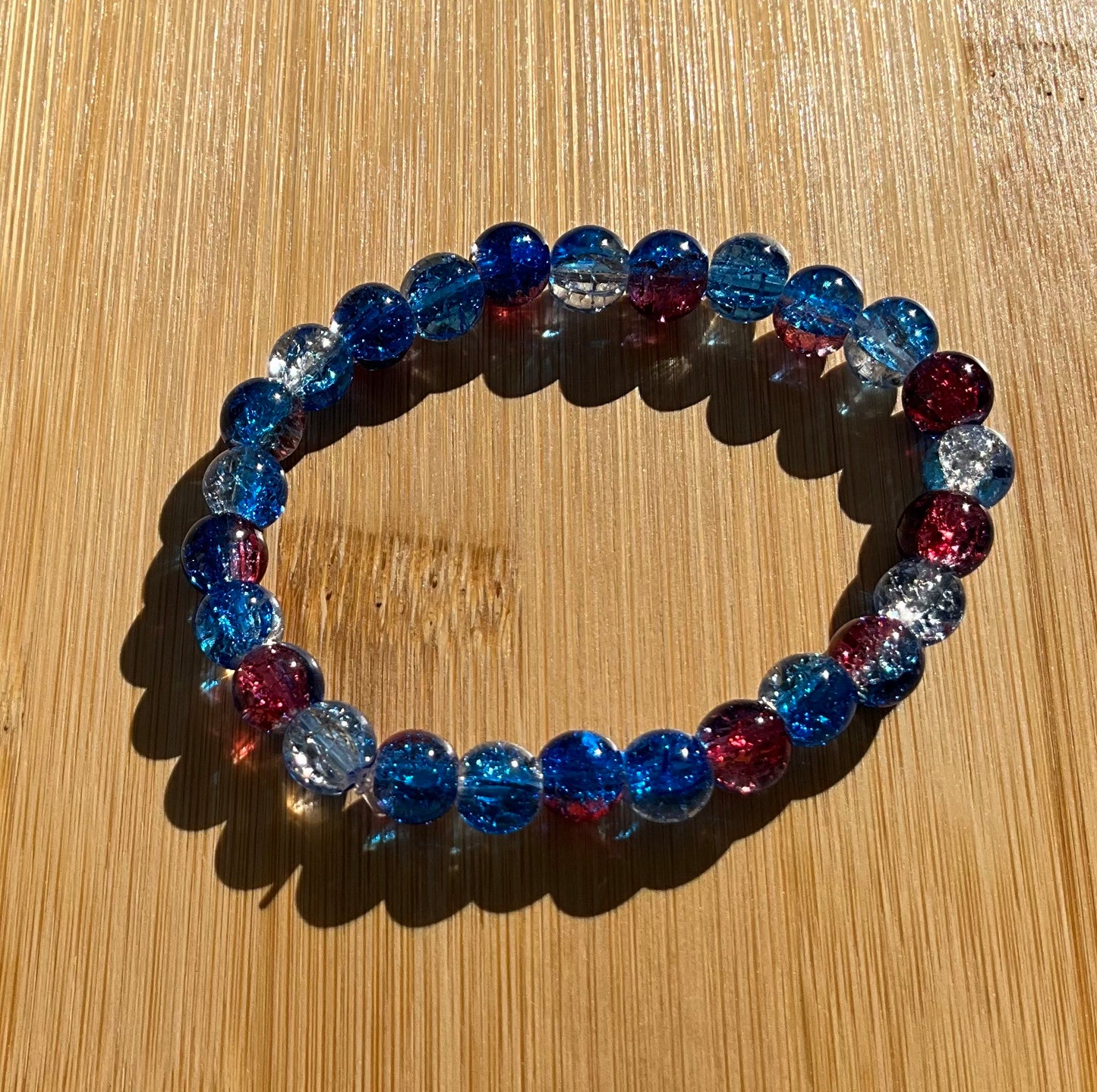 Blue, Red, White Glass Bead Bracelet