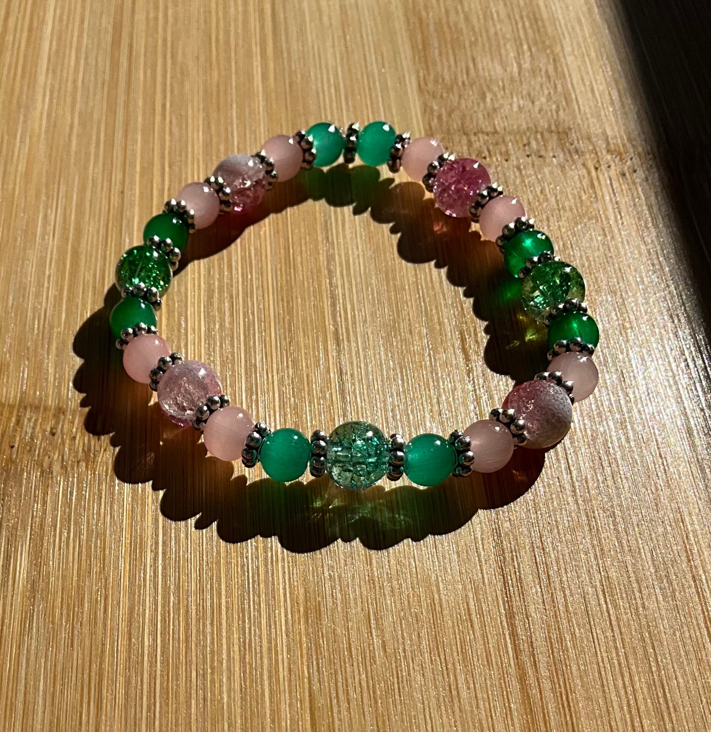 Pink & Green Glass Bead Bracelet