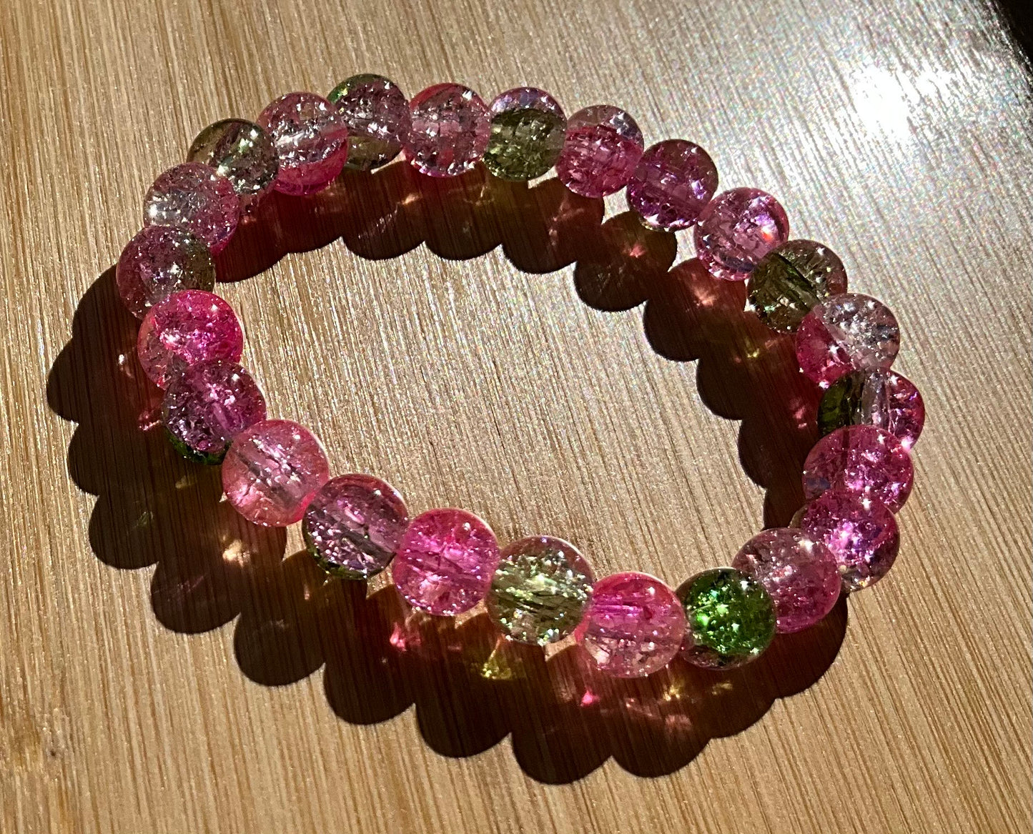 Pink And Green Glass Bead Bracelet