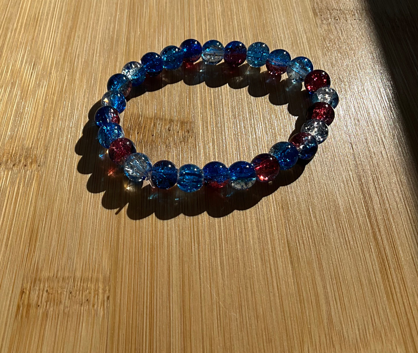 Blue, Red, White Glass Bead Bracelet