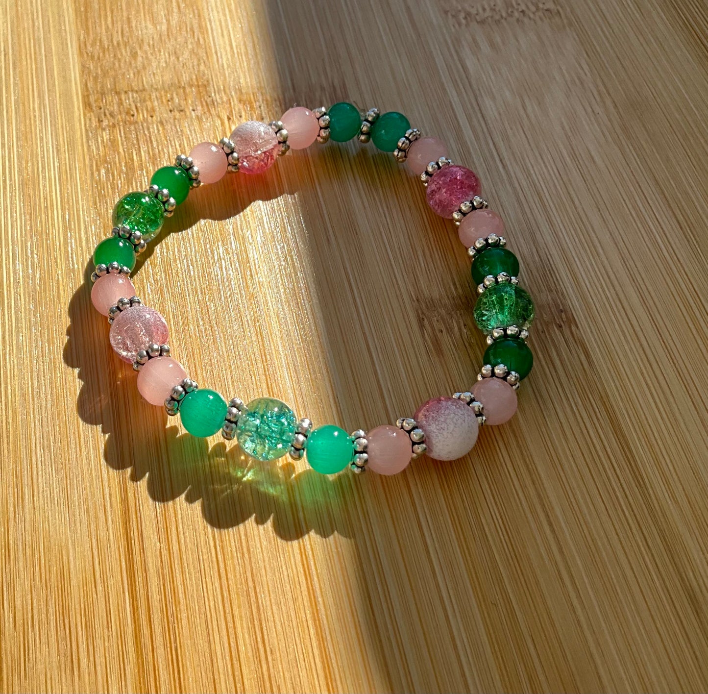 Pink & Green Glass Bead Bracelet