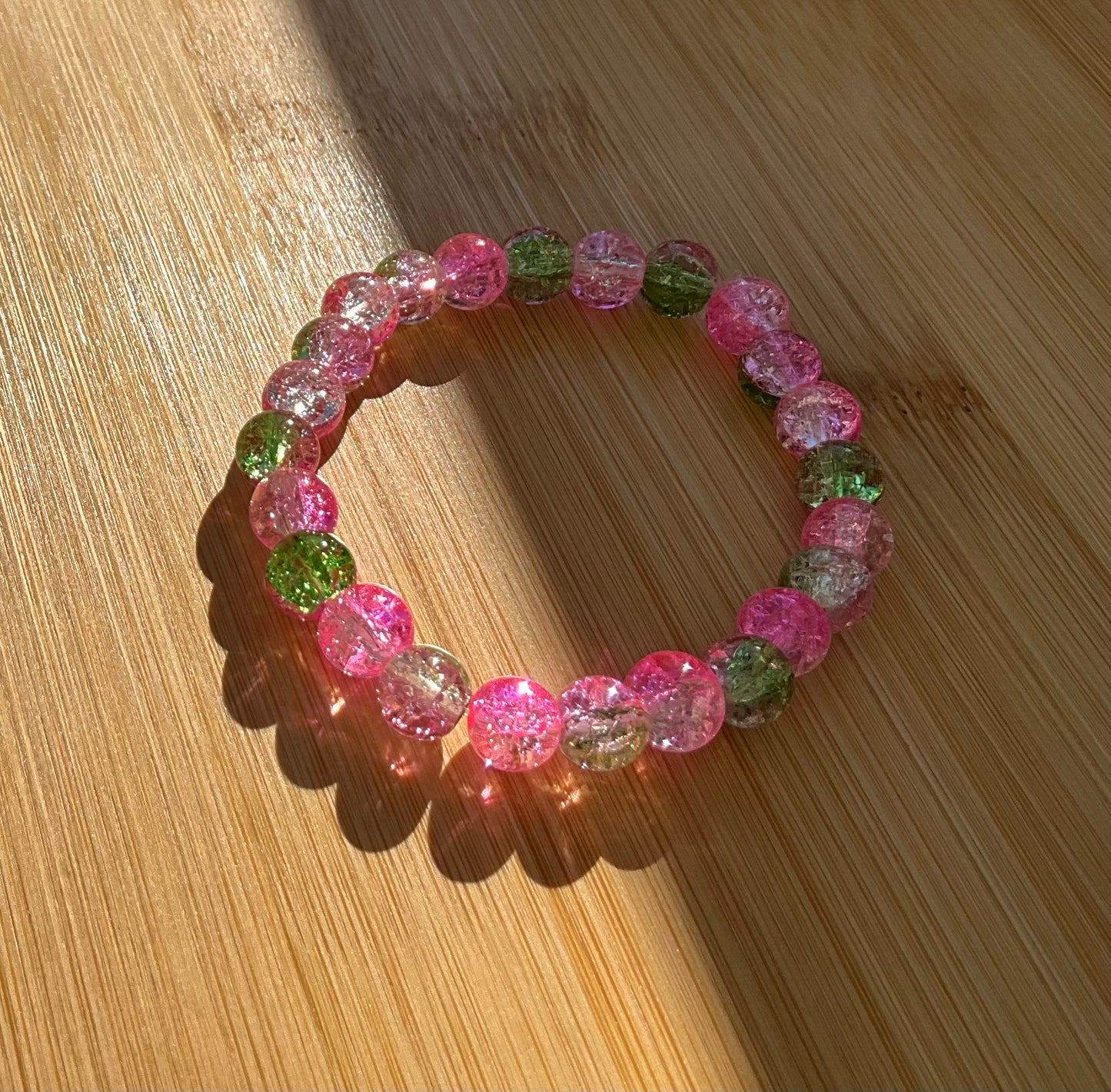 Pink And Green Glass Bead Bracelet