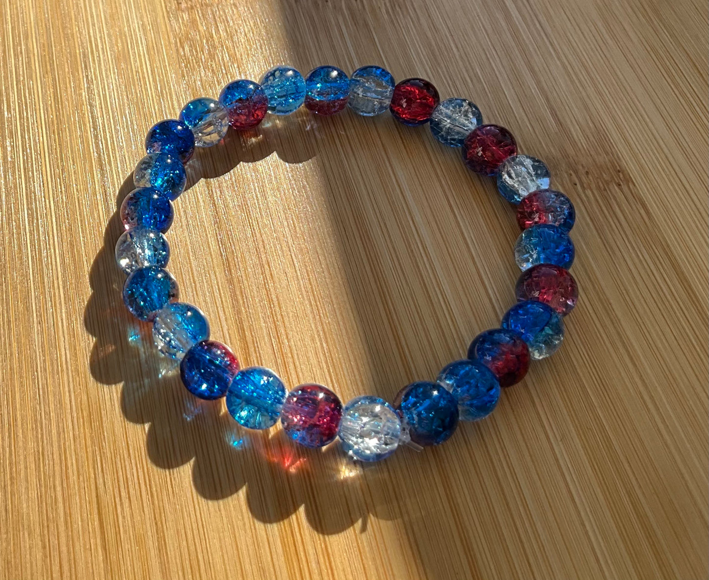 Blue, Red, White Glass Bead Bracelet